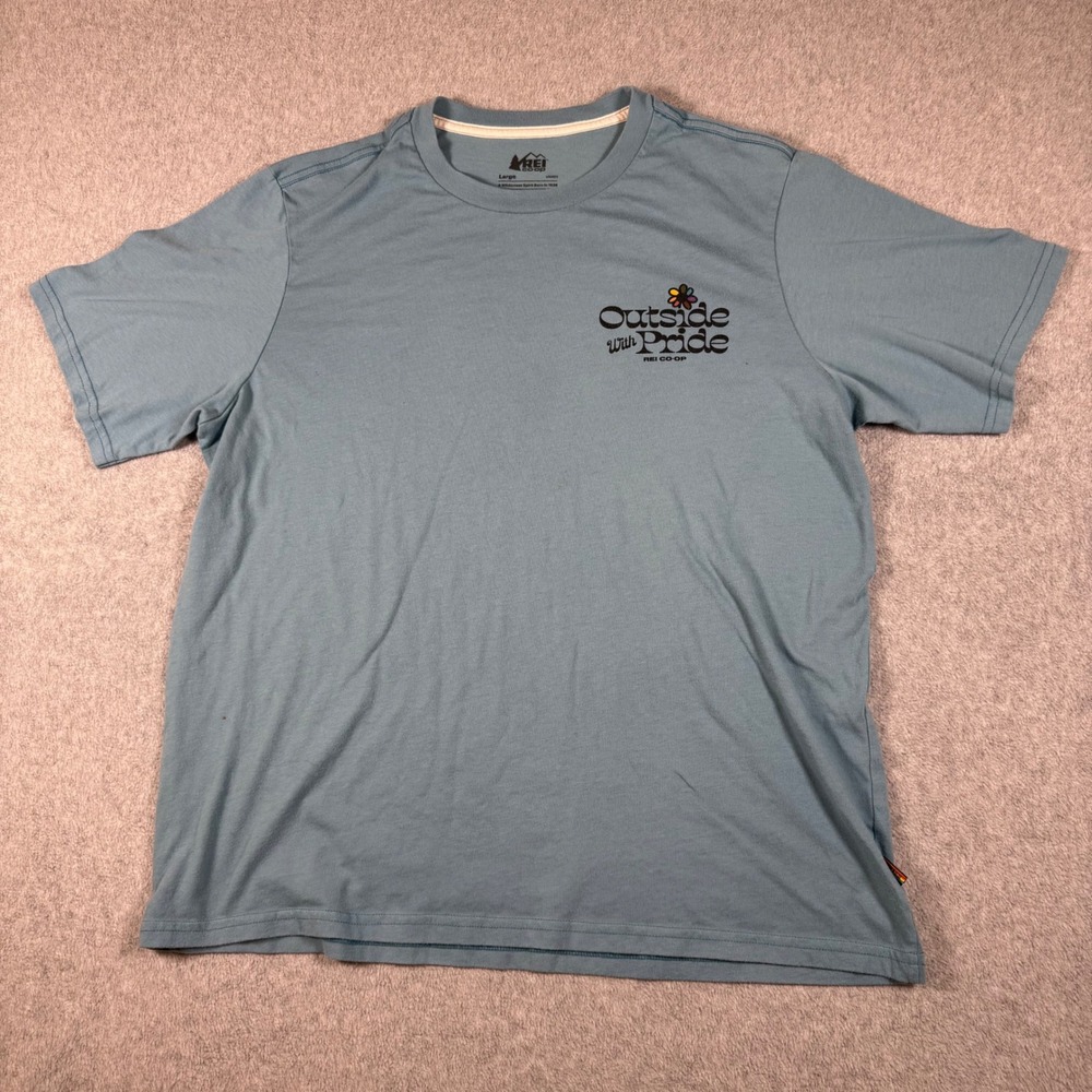 REI‎ T-Shirt Unisex Blue Outside With Pride Graphic Tee Organic Blend Size L